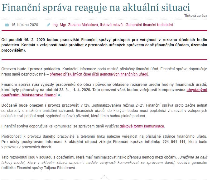 Finanční správa ČR - tisková zpráva ze dne 15.3.2020